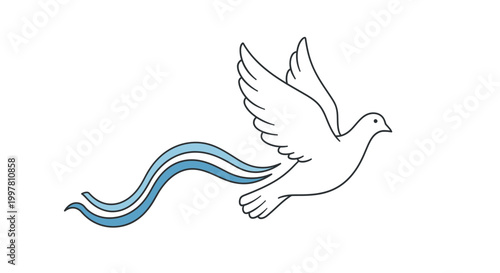 White Dove Flying with Blue Ribbon Tail
