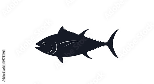 Sleek black silhouette of a tuna fish, a powerful ocean predator, symbolizing marine life and fresh seafood. Ideal for fishing industry branding, restaurant menus, or aquatic themed graphic designs