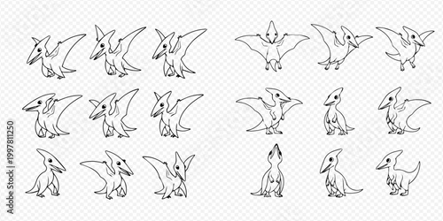 Cute Pterodactyl Cartoon Outline Collection for Coloring Book or Kids' Activities.