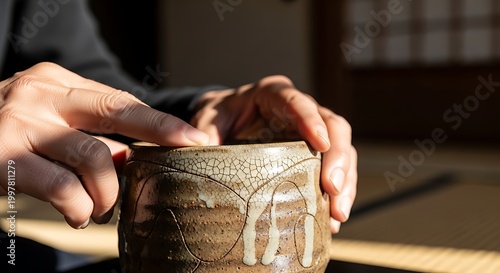 Hands holding a japanese tea bowl