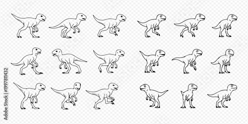 Cartoon dinosaur walk cycle animation sprite sheet on transparent background.