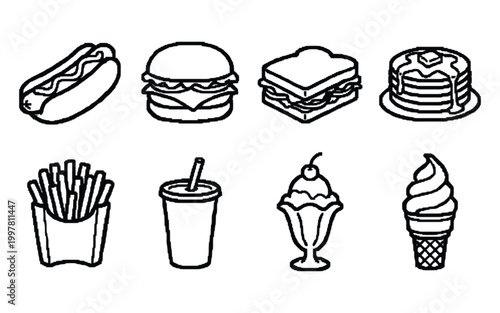 Fast Food Icons Set Black and White Outline Collection