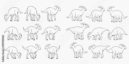 Set of outline Parasaurolophus dinosaurs in various poses, hand-drawn vector illustration for children's coloring books or educational materials.