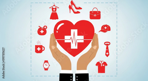 Health is wealth concept, hands holding a heart with a medical cross, surrounded by lifestyle items, symbolizing well-being as the foundation for enjoying life