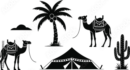 Desert silhouette camels palm tree tent and cactus landscape