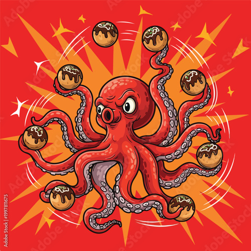 Cartoon red octopus juggling takoyaki balls illustration.
