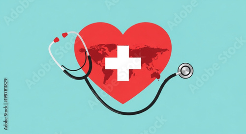 Global Health Care Symbolism A Heart with a World Map and Stethoscope Representing International Medical Assistance