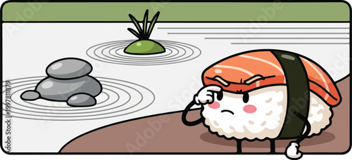 A funny cartoon sushi character with an angry face expression.