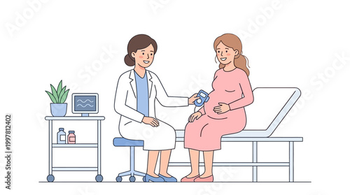 Doctor and nurse consult with pregnant patient during prenatal checkup in a clinic setting.