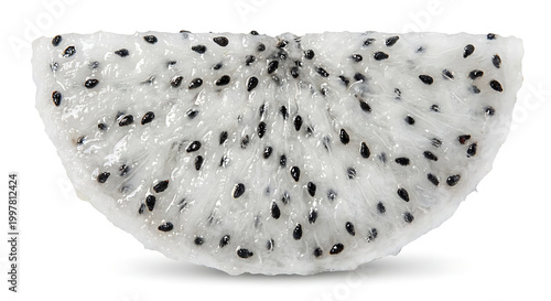 Slice of fresh white dragon fruit isolated on white background