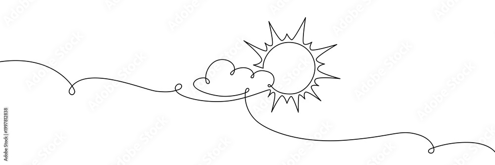 Fototapeta premium Continuous one line cloud sun art sky weather illustration outline. Sun cloud solar summer doodle graphic sketch energy linear stroke single vector icon sunny abstract park nature black ecosystem