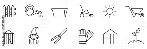 Line icons about gardening on transparent background, modern contour style symbols for garden care and planting activities, simple editable vector collection for apps websites 