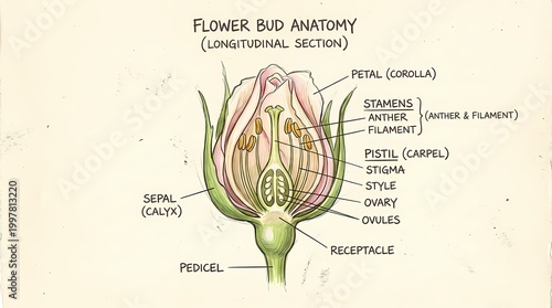 Detailed anatomical illustration of a flower bud's longitudinal section, showcasing its reproductive and protective structures