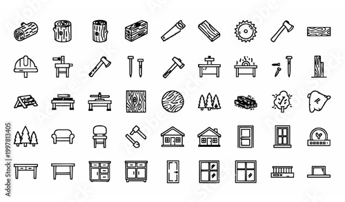 Wood outline icon set with editable stroke timber carpentry woodworking and lumber symbols collection