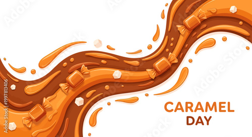 Caramel sauce flowing on white background.