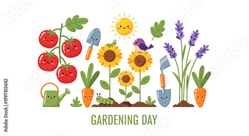 Colorful gardening tools and vegetables 1.