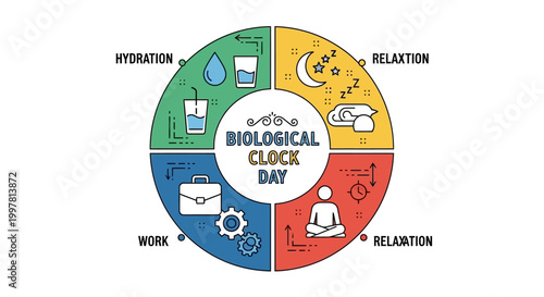Conceptual vector illustration celebrating Biological Clock Day, featuring hydration, relaxation, work, and recreation segments in a circular layout with a line art style, set
