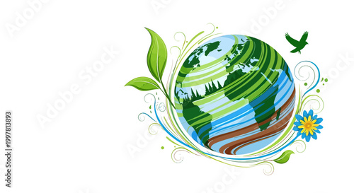 Earth Globe with Leaves and Bird.