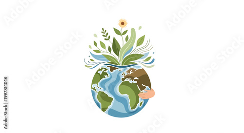Globe with green leaves and flower.