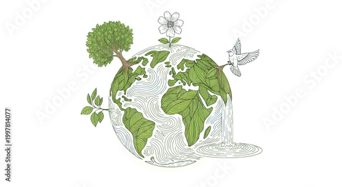 Green Earth Globe with Leaves Growing.