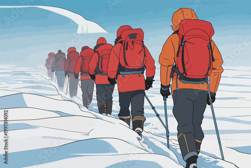 Group of hikers walking on snowy landscape