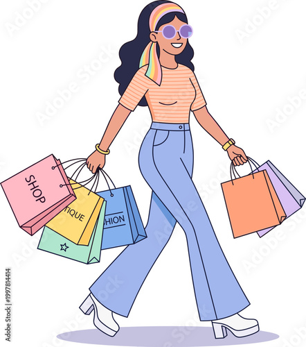 Woman walks down street carrying colorful shopping bags for fashion