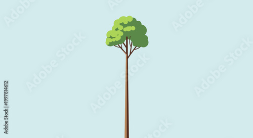 Tall Green Tree with Lush Canopy Against Light Blue Sky - Minimalist Nature Illustration