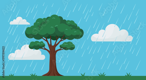 Tree in Rain Shower with Clouds and Blue Sky
