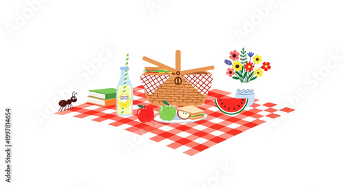 Picnic basket with food and wine.