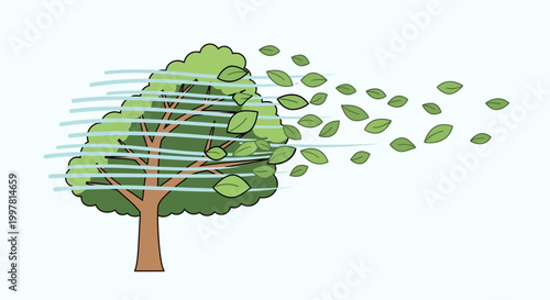 Tree Swaying in Strong Wind, Leaves Blowing Away