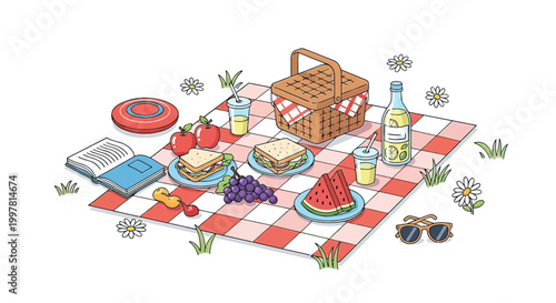 Picnic food and drink spread outdoors.