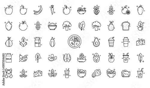 Healthy eating linear dot icons set fruits vegetables nutrition vector collection