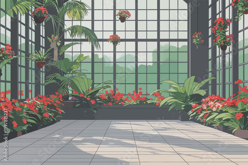Sunlit Greenhouse Interior with Red Flowers and Palms
