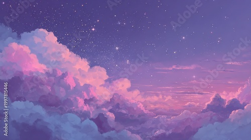 Oil painting of cosmic background purple blue dotted with stars pink clouds interweaving purple galaxy nebula starry purple landscape warm