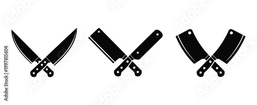 Meat cutting knives set, set of butcher meat knives vector, restaurant or cafe kitchen slicing knives, chef stainless knife set, professional culinary tools collection with sharp blades and ergonomic 