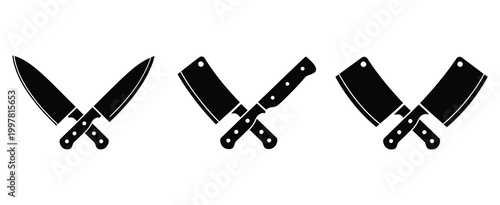 Meat cutting knives set, set of butcher meat knives vector, restaurant or cafe kitchen slicing knives, chef stainless knife set, modern flat and outline design for kitchen equipment