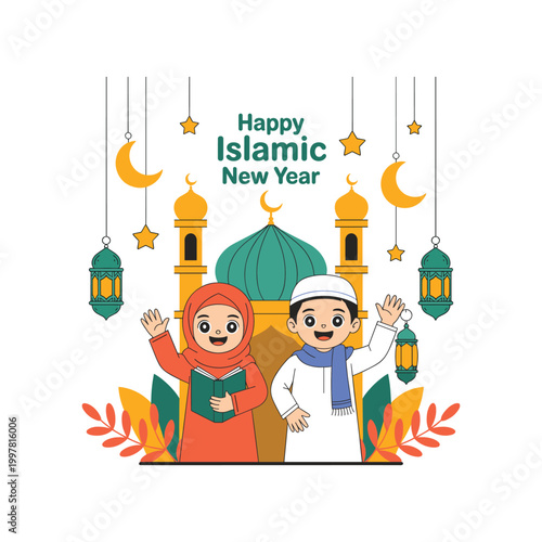 Happy Islamic New Year Celebration with Cute Muslim Children and Mosque Illustration