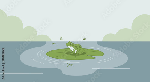 A solitary green frog perches on a vibrant lily pad, gracefully floating in a tranquil pond, observing the subtle movements of water striders amidst serene distant natural scenery