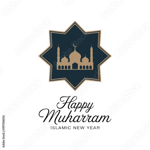 Happy Muharram Islamic New Year Greeting Card with Mosque Silhouette in Eight-Pointed Star