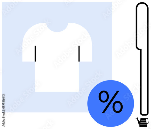 Online shopping, sales promotions, retail marketing, ecommerce, modern shopping trends, clothing deals. ion of a t-shirt, blue discount sign hanger and shopping cart. Online shopping and sales