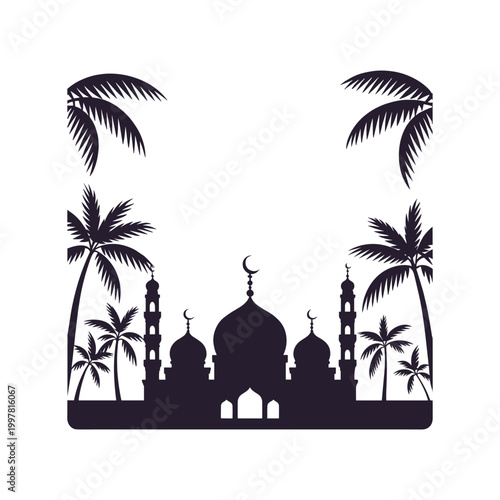 Islamic Mosque Silhouette with Palm Trees Background for Ramadan and Eid Celebrations