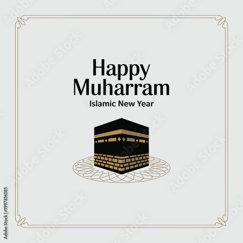 Happy Muharram Greeting Card with Kaaba Illustration and Islamic New Year Typography
