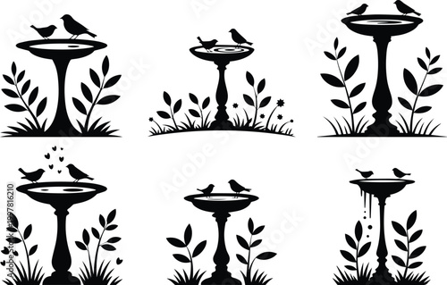 Collection of Minimalist black bird bath with two small birds perched on garden pedestal silhouette vector icon