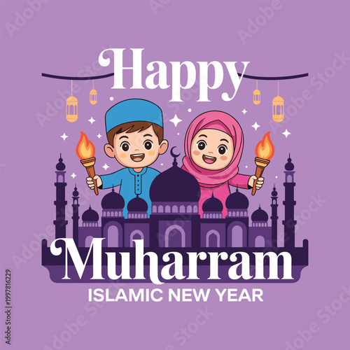 Happy Muharram Islamic New Year Celebration Greeting with Cute Muslim Kids Holding Torches in Front of Mosque Vector Illustration