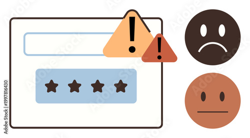 User experience, online risks, feedback analysis, reviews, cybersecurity, warnings. Design shows alerts, low ratings and unhappy face icons. User experience and online risks concept