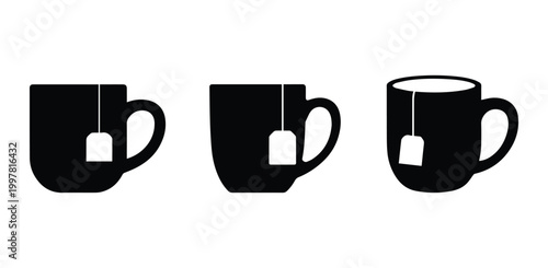 Minimalist black mug of tea with tea bag silhouette vector icon