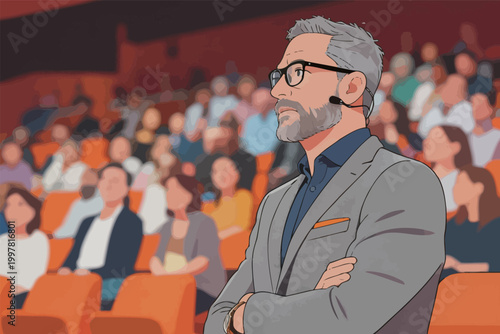 Middle-aged Man Speaking at Conference in Auditorium