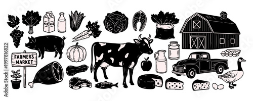Farm product icon set, organic local market graphic print, hand drawn rural agriculture illustration. Fresh meat butcher sign, cow dairy symbol, pig healthy village food