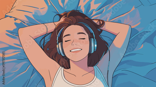 Young Woman Relaxing with Headphones in Bed