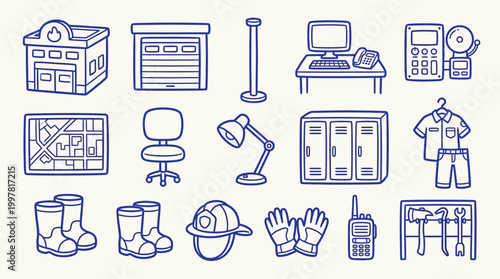 A collection of blue-lined icons representing various items and equipment found in a fire station, including a building, vehicles, tools, and personal protective gear.